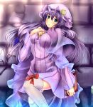  blue_eyes blush book bow breasts brooch capelet crescent hair_bow hat highres jewelry long_hair monikano patchouli_knowledge purple_hair purple_legwear solo thigh-highs thighhighs touhou very_long_hair 