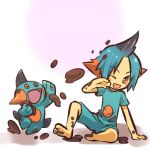  arm_support barefoot blue_hair blush_stickers cosplay dirty_feet feet hair hitec human male marshtomp moemon mud open_mouth orange_eyes orange_hair personification pokemon pokemon_(creature) pokemon_(game) pokemon_rse shorts sitting smile wink 