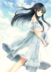 absurdres bare_shoulders black_hair copyright_request dress grey_eyes hagiwara_rin hair_ribbon hat highres long_hair looking_back open_mouth ribbon sky smile solo summer_dress sun_hat sundress 