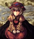  aki_minoriko bad_id bangs bob_cut brown_hair clenched_hands dress face food food_themed_clothes fruit grapes hat neck_ribbon puffy_sleeves red_eyes ribbon shaun_(fallenicons) short_hair sitting solo touhou vines water wide_sleeves 