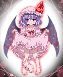  barefoot bat_wings bloomers bloomers_around_one_leg blue_hair dress dress_lift feet hat hizukiryou purple_hair red_eyes remilia_scarlet solo touhou wings 