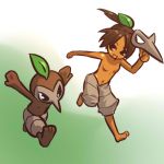  1girl brown_hair cosplay dark_skin hair hair_ornament hitec human leaf male mask mask_removed moemon navel nipples no_nipples nuzleaf open_mouth personification pokemon pokemon_(creature) pokemon_(game) pokemon_rse ponytail running smile topless unmasked 