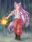  bad_id bamboo bamboo_forest boots bow dissolving_clothes dress_shirt fire forest fujiwara_no_mokou hair_bow hair_ribbon highres kurione_(zassou) long_hair midriff nature ofuda pants pink_hair red_eyes ribbon shirt solo suspenders touhou very_long_hair walking_on_water 