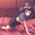  all_fours animal_ears bed black_hair blush grey_hair heart heart_tail kneeling midriff mouse_ears mouse_tail navel nazrin red_eyes ryogo short_hair skirt solo tail touhou 