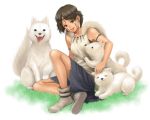  brown_hair cocoa-6m dog facepaint fur grass headband mononoke_hime san shiba_inu short_hair sitting smile solo studio_ghibli tongue 