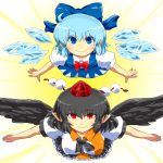  absurdres black_hair black_wings blue_dress blue_eyes blue_hair bow cirno dress flying gomi_ichigo hair_bow highres multiple_girls neck_ribbon outstretched_arms pointy_ears red_eyes ribbon shameimaru_aya shirt short_hair skirt smile touhou wings 