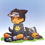  1boy arm_support black_hair brown_eyes cosplay dark_skin fang frown hair hitec houndour human lying male moemon paw_print personification pokemon pokemon_(creature) pokemon_(game) pokemon_gsc shirt shoes short_hair shorts sitting socks visor visor_cap 