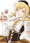  beret blonde_hair breasts cake charlotte_(madoka_magica) corset detached_sleeves drill_hair fingerless_gloves food fork gloves hair_ornament haneyo hat highres large_breasts magical_girl mahou_shoujo_madoka_magica solo taut_shirt taut_shirtcorset tomoe_mami yellow_eyes 