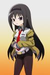  akemi_homura baron_(baron-eros) black_eyes black_hair cosplay highres jacket legwear_under_shorts long_hair mahou_shoujo_madoka_magica makise_kurisu makise_kurisu_(cosplay) necktie pantyhose short_shorts shorts solo steins;gate 