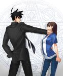  1girl akutabe brown_hair couple formal glasses jeans kazeto magic_circle male necktie no_eyebrows pants sakuma_rinko strangle strangling suit yondemasuyo_azazel-san 