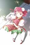  bandage bandages breasts bun_cover chinese_clothes cuffs double_bun flower from_above hair_bun high_heels ibara_kasen ibaraki_kasen oishii_garriel pigeon-toed pigeon_toed pink_eyes pink_hair pink_rose rose shackle shoes short_hair skirt smile solo thighhighs touhou v white_legwear wink 