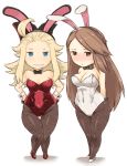  2girls agnes_oblige animal_ears arms_behind_back bare_shoulders blonde_hair blue_eyes blush bow bowtie bravely_default:_flying_fairy breasts brown_eyes brown_hair bunny_girl bunnysuit chibi cleavage curvy detached_collar edea_lee elbow_gloves fake_animal_ears fishnet_pantyhose fishnets flat_chest from_behind frown gloves hair_bow hairband hands_on_hips hips long_hair multiple_girls navel pantyhose rabbit_ears ribbon simple_background small_breasts smile standing thigh_gap tsukudani_(coke-buta) white_background wide_hips wrist_cuffs 