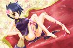  bare_legs blue_hair breasts brown_eyes chair china_dress chinese_clothes couch fan feet fingernails flower folding_fan gien hair_flower hair_ornament koihime_musou large_breasts mali multicolored_hair no_panties ribbon short_hair solo source_request taut_shirt thigh_ribbon toenails toes 
