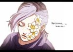  1boy blurry closed_eyes depth_of_field flower freckles jojo_no_kimyou_na_bouken letterboxed lips ponytail pppuni purple_hair solo turtleneck vinegar_doppio 