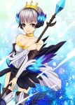  armored_dress bare_shoulders boots choker collarbone crown detached_sleeves feathers gwendolyn hair_feathers low_wings mugi_(iccomae) odin_sphere polearm purple_eyes short_hair silver_hair smile solo spear thigh-highs thigh_boots thighhighs violet_eyes weapon wings 