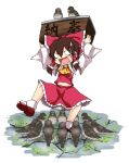  ascot bird bow box brown_hair cuckoo detached_sleeves donation_box hair_bow hair_tubes hakurei_reimu holding_up midriff miko necktie noya noya_makoto open_mouth sandals shirt skirt solo sweatdrop touhou translated translation_request 