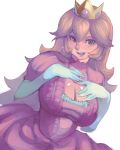  blonde_hair blush breasts brooch brown_eyes cleavage cleavage_cutout crown dress earrings elbow_gloves gloves highres jewelry large_breasts long_hair metata nintendo open_mouth pink_eyes princess_peach smile solo super_mario_bros. white_background white_gloves 