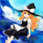  bad_id barefoot blonde_hair bow braid broom dress full_moon hat highres kirisame_marisa long_hair maccha_cocoa moon purple_eyes sitting smile solo touhou violet_eyes witch witch_hat 