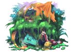  2boys brown_hair charizard eevee fire grass green_(pokemon) hat highres multiple_boys ookido_green pikachu poke_ball pokemon red_(pokemon) sleeping venusaur wings 