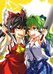  ascot black_hair bow brown_eyes detached_sleeves frog green_eyes green_hair hair_bow hair_ornament hair_tubes hakurei_reimu highres japanese_clothes knife kochiya_sanae kurinton long_hair miko multiple_girls open_mouth sarashi saw smile snake touhou 