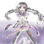  akemi_homura alternate_hairstyle black_hair blood braid broken crowbar glasses glowing hairband kyubey long_hair magical_girl mahou_shoujo_madoka_magica nosebleed open_mouth pantyhose purple_eyes red-framed_glasses solo spoilers supon torn_clothes twin_braids twintails violet_eyes weapon 