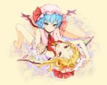 ako_(clover01) barefoot blonde_hair blue_hair face flandre_scarlet forehead hand_holding hands hat holding_hands multiple_girls red_eyes remilia_scarlet siblings sisters touhou wings 