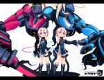  2girls blue_eyes character_request commentary_request cross detached_sleeves fuukadia_(narcolepsy) govurin hair_ornament halo letterboxed mecha multiple_girls pixiv_shadow red_eyes shadow siblings sword twins weapon 
