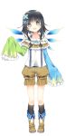 1girl black_hair blue_eyes blush boots child flower footwear frills happy highres original oversized_clothes short_hair shorts silver_eyes sleeves_past_wrists smile socks solo wings 
