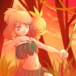  1girl blue_eyes bow_(weapon) brown_hair fang grass haruka_(pokemon) leaf_bikini midriff nature navel no_bandana odamaki_sapphire pokemon pokemon_(creature) pokemon_rse pokemon_ruby_and_sapphire pokemon_special shirou_(vista) standing sunset torchic tree twintails weapon 