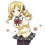  1girl arms_behind_back blonde_hair breasts drill_hair hair_ornament mahou_shoujo_madoka_magica nono_(norabi) pantyhose plaid plaid_skirt pleated_skirt school_uniform skirt smile solo tartan tomoe_mami yellow_eyes 