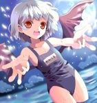  bad_hands bat_wings blue_hair character_name fang hazakura_satsuki name_tag open_mouth pointy_ears red_eyes remilia_scarlet school_swimsuit smile solo swimsuit touhou translated wings 