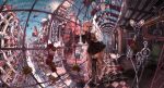  checkered_floor cityscape dog fisheye flower garter_belt gothic_lolita high_heels highres john_hathway lace lace-trimmed_thighhighs lolita_fashion long_hair original red_eyes reflection rose scenery shoes silver_hair thigh-highs thighhighs 