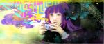  butterfly cup freckles holding multicolored_hair musimaro nail_polish panty_&amp;_stocking_with_garterbelt purple_hair realistic solo star steam stocking_(character) stocking_(psg) teacup 