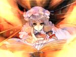  book book_focus bookshelf brown_eyes bust crescent fire foreshortening hands hat itirirenn library orange_eyes patchouli_knowledge purple_hair solo touhou voile 