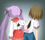  animal_ears animal_tail bad_id baka_to_test_to_shoukanjuu bow brown_hair cosplay crossover hair_bow hiiragi_kagami katou_emiri kigurumi kinoshita_hideyoshi kyubey long_hair lucky_star mahou_shoujo_madoka_magica miri_q purple_hair school_uniform seiyuu_connection seiyuu_joke serafuku tail trap twintails unzipped zipper 