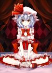  arm_ribbon bat_wings blue_hair bobby_socks canopy_bed cleavage_cutout corset detached_sleeves dress footwear hat indian_style mary_janes pink_dress red_eyes remilia_scarlet shoes short_hair sitting slit_pupils socks solo tiles touhou utakata_(0824) v_arms white_legwear wings wrist_cuffs wristband 