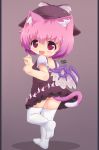  :d animal_ears bad_id cat_ears cat_tail chibi child dragonz fang hat highres kemonomimi_mode looking_back mystia_lorelei no_nose no_panties no_shoes open_mouth pink_eyes pink_hair running short_hair short_sleeves simple_background smile solo standing_on_one_leg tail thighhighs touhou white_legwear wings 