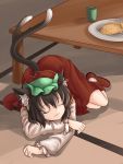  :3 absurdres animal_ears brown_hair cat_ears cat_tail chen closed_eyes cup earrings eyes_closed fish food hat highres jewelry lying multiple_tails nanairo plate sleeping solo table tail taiyaki touhou wagashi 