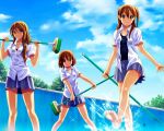  broom brown_eyes brown_hair empty_pool extra feet hirasawa_yui k-on! long_hair pool school_swimsuit school_uniform shian_(my_lonly_life.) short_hair sleeves_rolled_up splash splashing swimsuit swimsuit_under_clothes tachibana_himeko taki_eri 