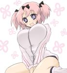  between_legs bow breasts hair_bow hand_between_legs hibari_(senran_kagura) kneeling large_breasts oro_(zetsubou_girl) pink_hair purple_eyes senran_kagura short_twintails smile solo taut_shirt track_jacket twintails violet_eyes 