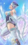  bare_shoulders blue_eyes blue_hair blue_rose_(tiger_&amp;_bunny) boots breasts cleavage earrings elbow_gloves fingernails fingernails_over_gloves gloves gon2032 high_heels ice jewelry karina_lyle lipstick makeup pepsi_nex pointing product_placement realistic shoes short_hair solo superhero thigh-highs thigh_boots thighhighs tiger_&amp;_bunny 