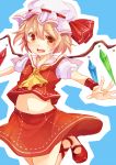  ascot blonde_hair fang flandre_scarlet hat mary_janes midriff navel no_socks outstretched_arms red_eyes shishina shoes short_hair skirt solo spread_arms the_embodiment_of_scarlet_devil touhou wings wristband 