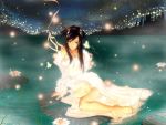  artist_request brown_eyes brown_hair butterfly city dress earrings flower hyung_tae_kim insect jewelry jpeg_artifacts kneeling lily_pad long_hair night night_sky original photoshop sky solo wallpaper white_dress 