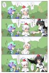  4koma backpack bag bare_shoulders black_hair black_wings closed_eyes comic detached_sleeves electric_fan eyes_closed facepalm fan fang fanning_face gloves hair_bobbles hair_ornament hat highres hot inubashiri_momiji kawashiro_nitori mechanical_arm multiple_girls newspaper open_mouth purple_eyes purple_hair randoseru rokugatsu_t shameimaru_aya short_sleeves tokin_hat touhou translated translation_request tree violet_eyes white_hair wings 