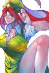  1girl blue_eyes braid breasts hat highres hong_meiling huge_breasts leg_up long_hair redhead shikihara_mitabi solo touhou twin_braids 