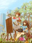  2girls ahoge bag bottle bracelet brown_eyes brown_hair chair city clouds crossed_legs drawing earphones easel floating_hair flower folding_chair grass highres jewelry long_hair mouth_hold multiple_girls original paint_splatter paintbrush painting palette scenery short_hair shorts sitting sky sleeves_pushed_up standing tablet_pc tomioka_jirou tree water_bottle wind wink 