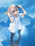  blue_eyes cloud dress hat holding holding_hat lowres original reflection solo thigh-highs thighhighs water weno weno's_blonde_original_character 