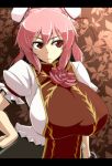  breasts bun_cover chinese_clothes double_bun flower hand_on_hip huge_breasts ibara_kasen ibaraki_kasen impossible_clothes impossible_clothing impossible_shirt letterboxed pink_hair red_eyes regls rose shirt short_hair solo touhou 
