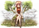  bandage bandages bun_cover chinese_clothes cloud crossed_legs cuffs double_bun flower hair_bun homeless_mk_ii ibara_kasen ibaraki_kasen legs_crossed pink_hair pink_rose red_eyes rock rose shackle short_hair sitting skirt smile solo touhou tree 