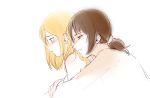  2girls bare_shoulders blonde_hair brown_hair christa_renz hug hug_from_behind multiple_girls noeunjung93 shingeki_no_kyojin short_hair side ymir_(shingeki_no_kyojin) 